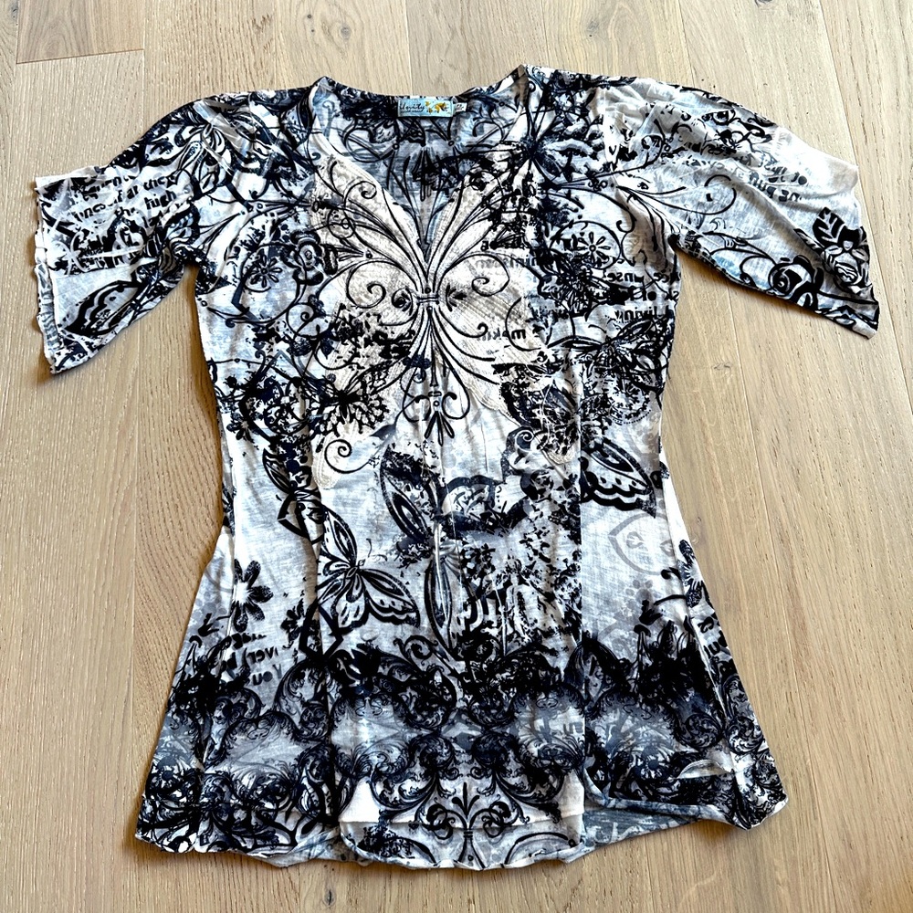 Vintage Y2K Flutter Sleeve Layered Hem Butterfly Embroidered Top Fairycore Sm/P